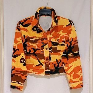 Shein - Camouflage Pattern Shacket/Jacket in multi colored orange, yellow, brown